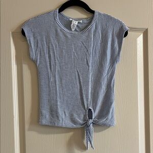 Caution To The Wind Blue and White Striped Short Sleeve Tie Front Tee